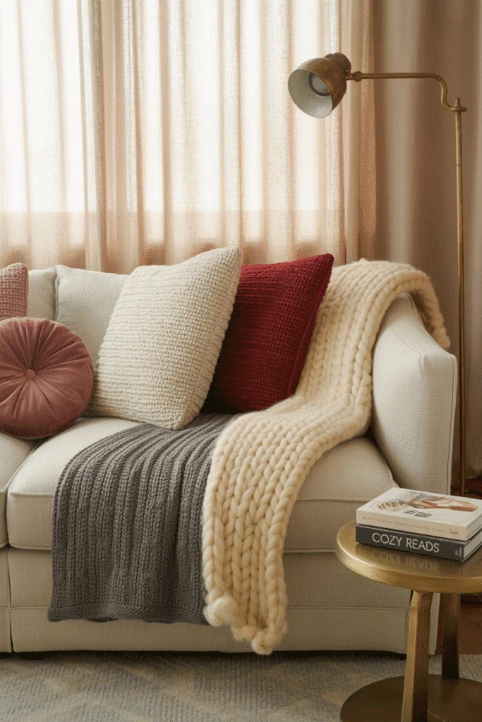 Cozy living room with layered textiles adding warmth and a festive vibe.