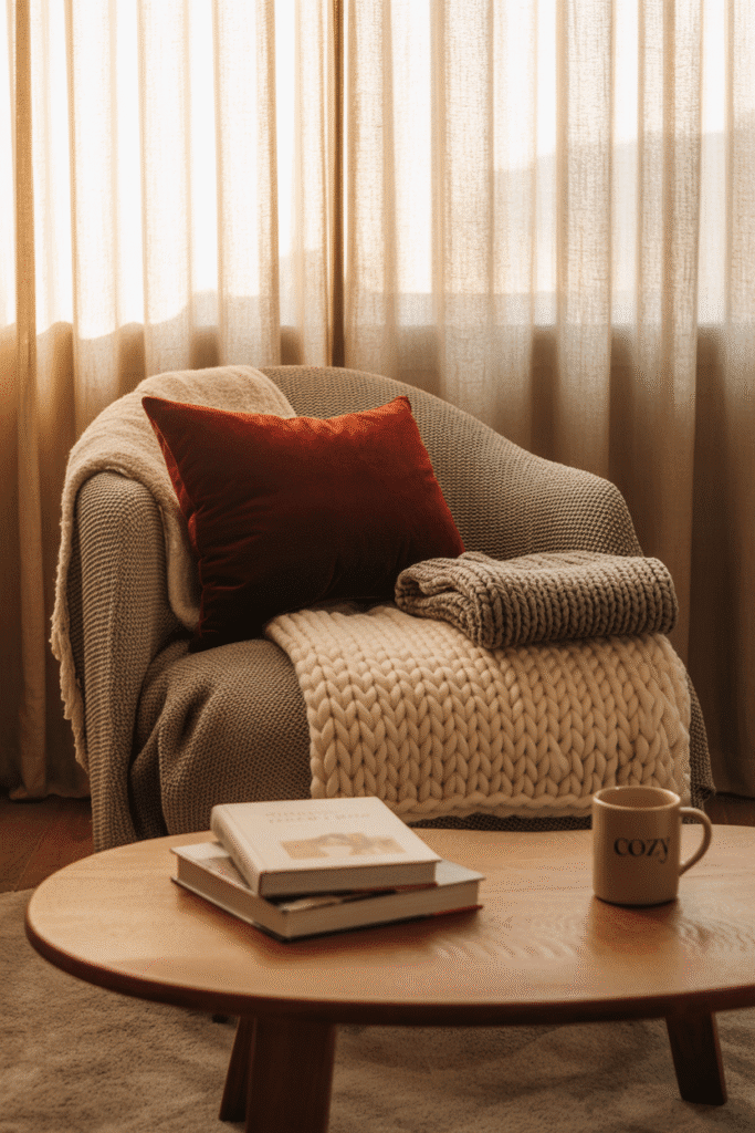 Cozy living room with layered textiles adding warmth and a festive vibe.