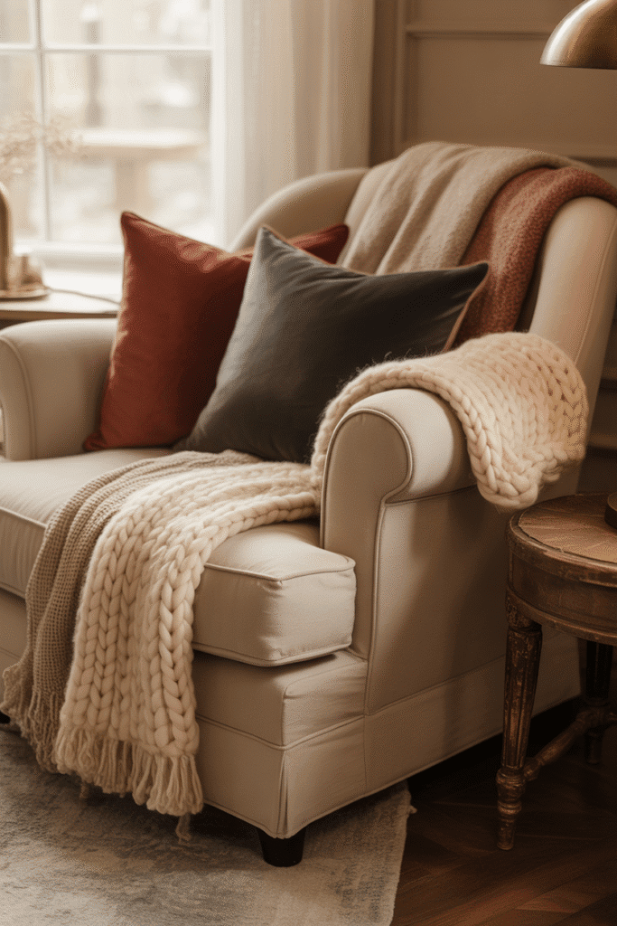 Cozy living room with layered textiles adding warmth and a festive vibe.