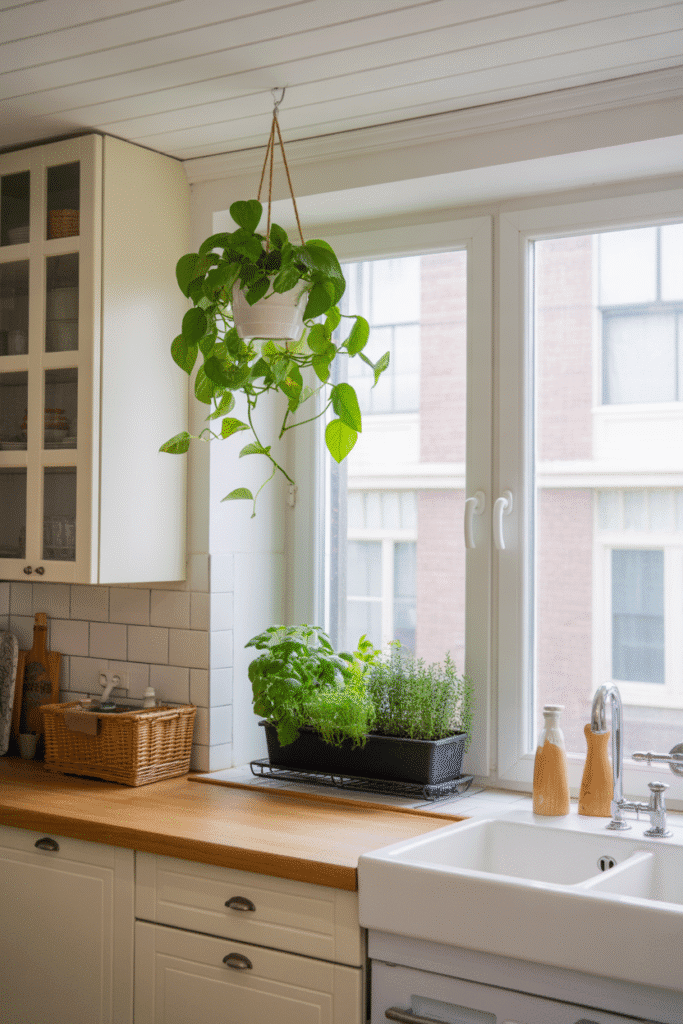 Green plants and herbs bring a lively, organic feel to the kitchen space.

