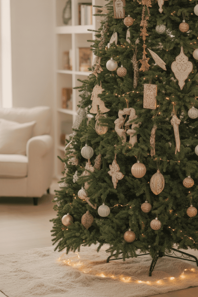 Stylish statement Christmas tree with unique ornaments enhancing festive living room decor.