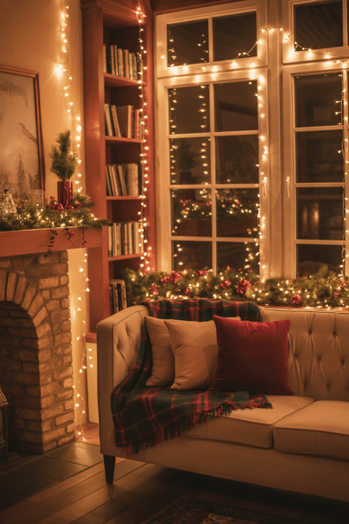 Softly glowing fairy lights adding magic to a Christmas living room.