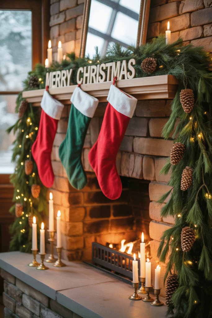 Festive fireplace creating a cozy and inviting Christmas atmosphere.