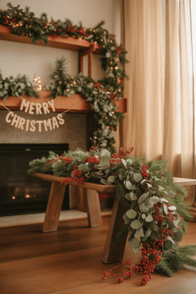 Fresh greenery adding texture and holiday charm to the living room.