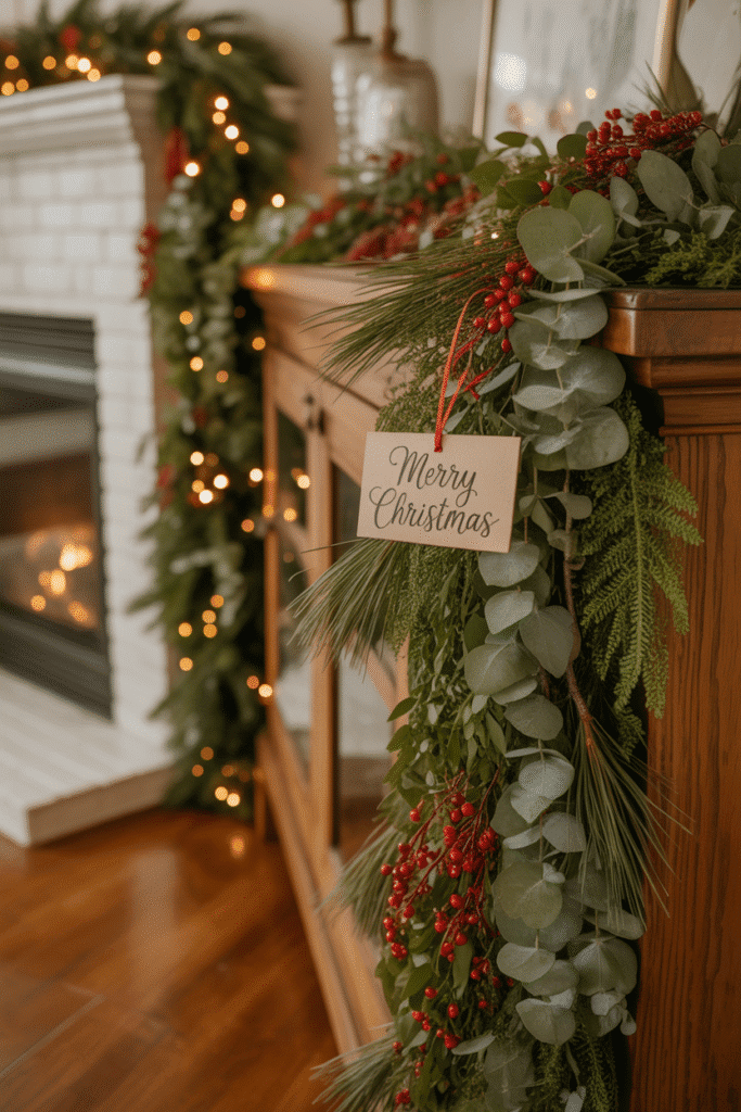 Fresh greenery adding texture and holiday charm to the living room.