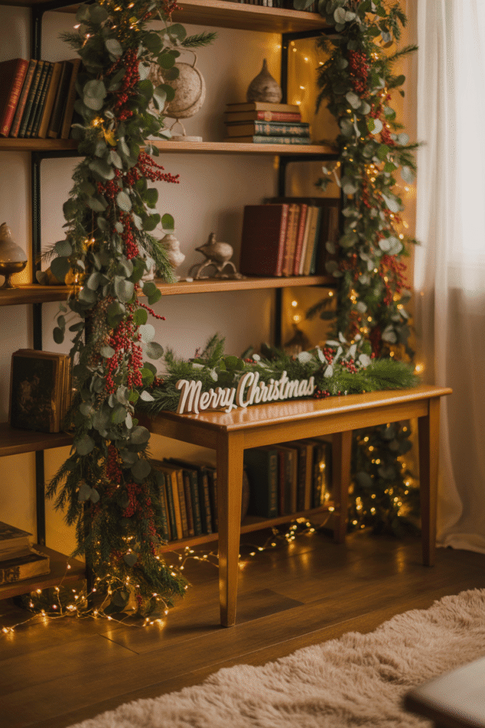Fresh greenery adding texture and holiday charm to the living room.