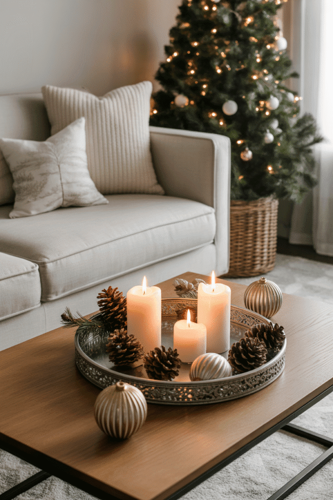 Cozy Christmas coffee table setup with layered festive decor.