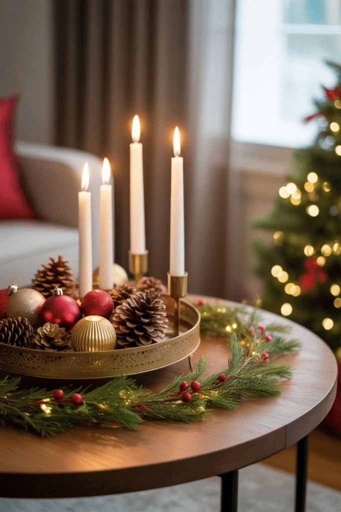 Cozy Christmas coffee table setup with layered festive decor.