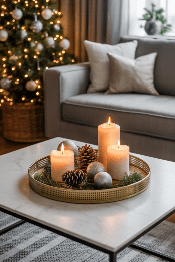 Cozy Christmas coffee table setup with layered festive decor.