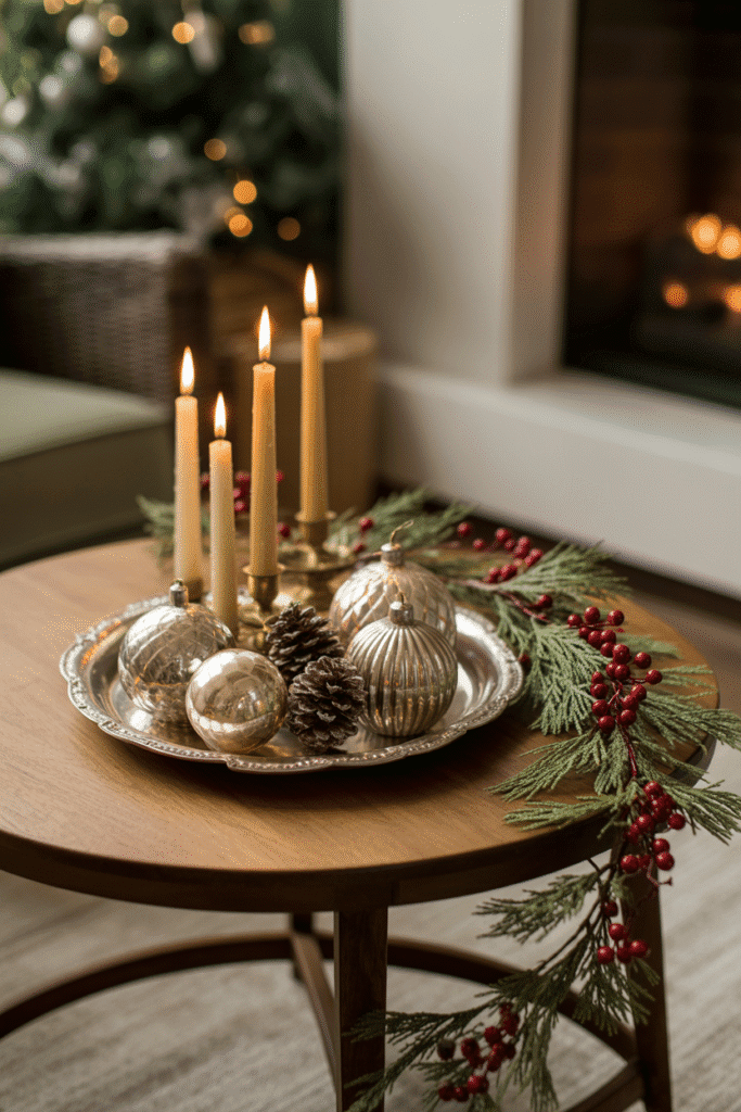 Cozy Christmas coffee table setup with layered festive decor.