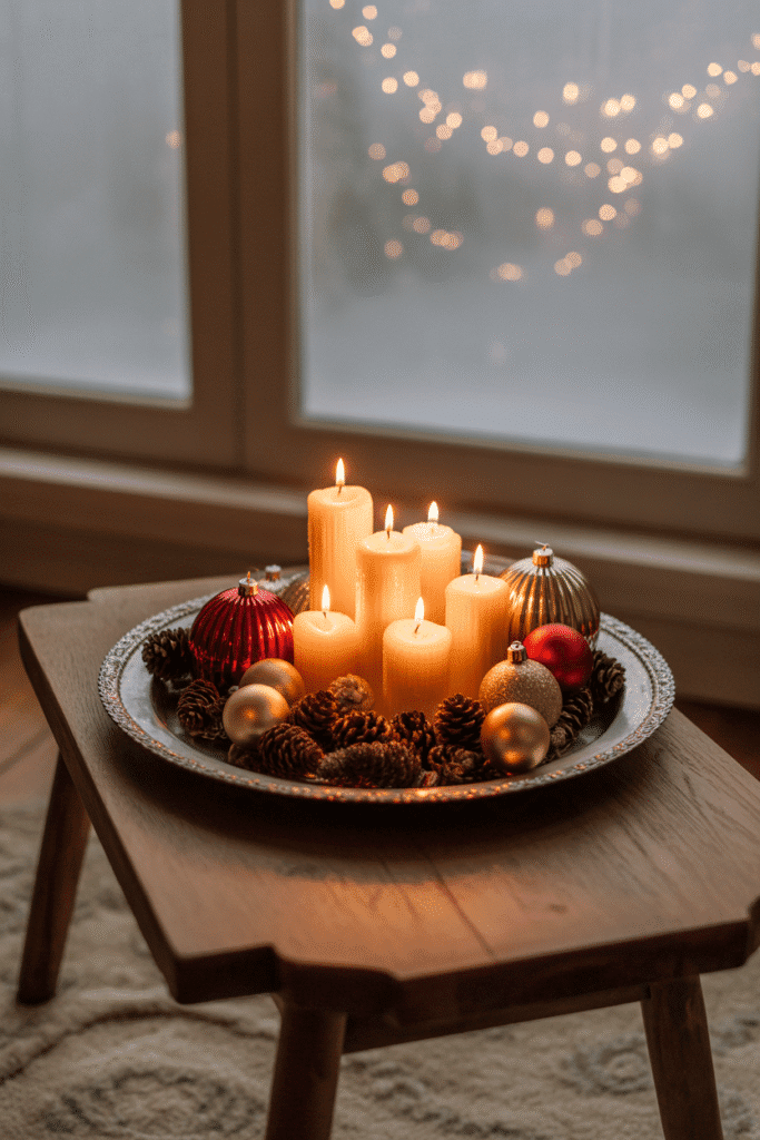 Cozy Christmas coffee table setup with layered festive decor.
