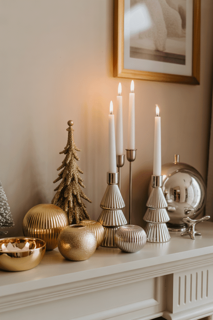 Metallic accents adding elegance and holiday sparkle to living room decor