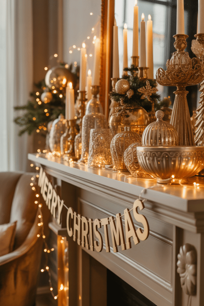 Metallic accents adding elegance and holiday sparkle to living room decor