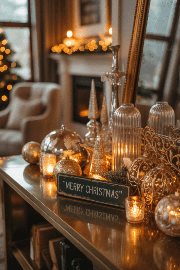 Metallic accents adding elegance and holiday sparkle to living room decor