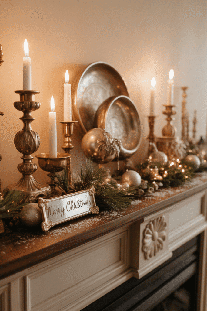 Metallic accents adding elegance and holiday sparkle to living room decor