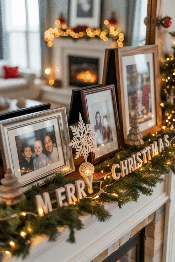 Personalized Christmas decor creating a warm and nostalgic living room atmosphere.
