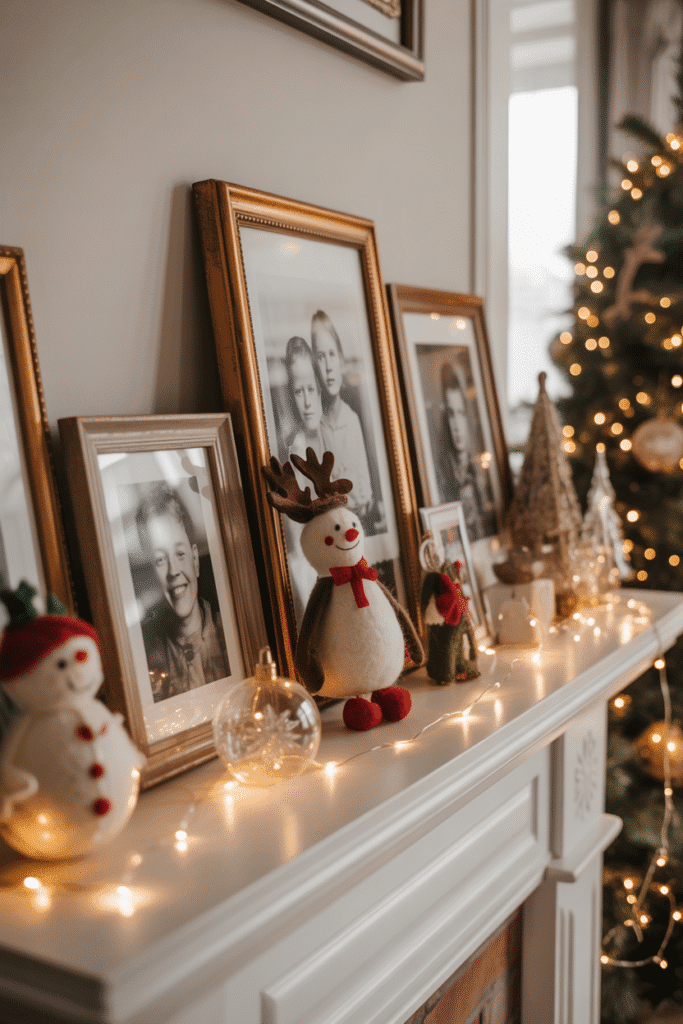 Personalized Christmas decor creating a warm and nostalgic living room atmosphere.