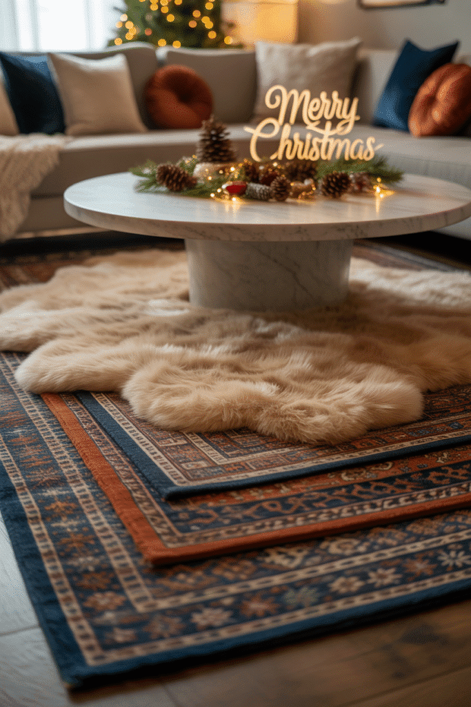 Layered rugs adding warmth, texture, and cozy vibes to a festive living room.