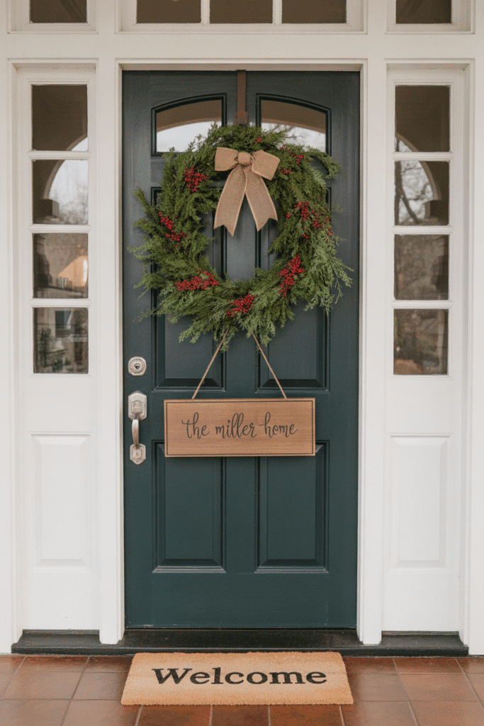 Personal touches like a welcome mat or monogram add warmth to a small entry.
