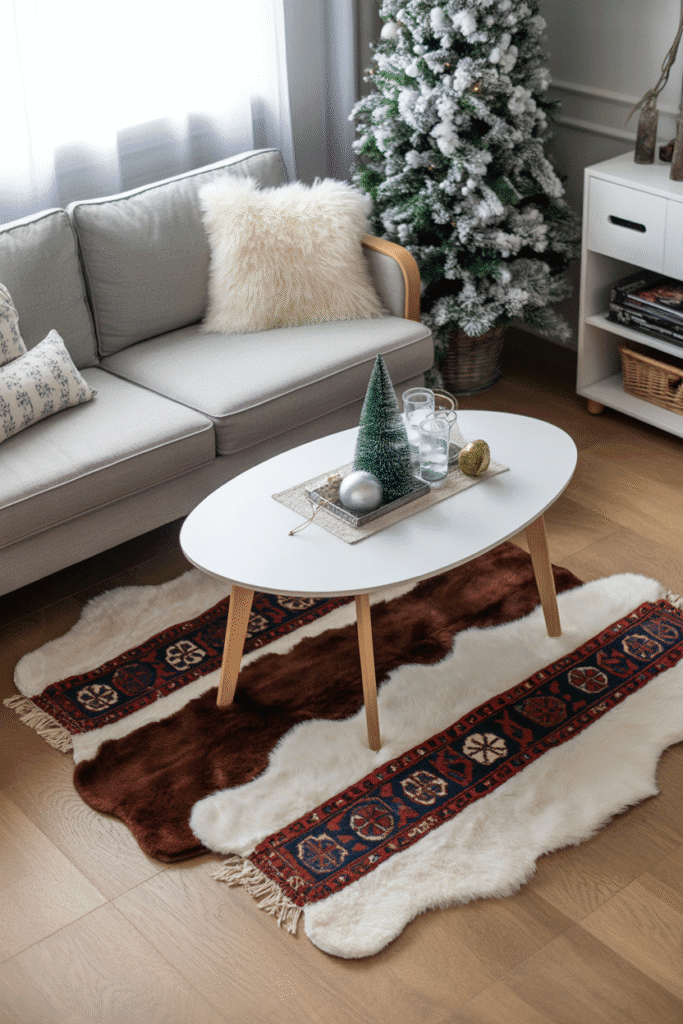 Layered rugs adding warmth, texture, and cozy vibes to a festive living room.