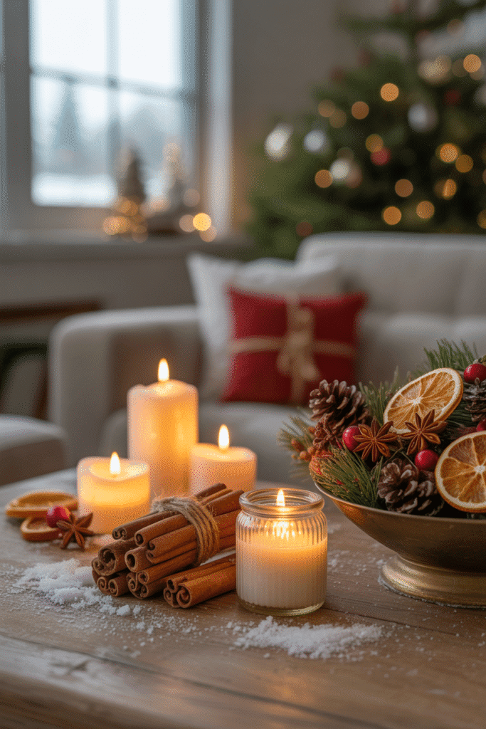 Cozy Christmas living room with warm seasonal scents enhancing the festive mood.