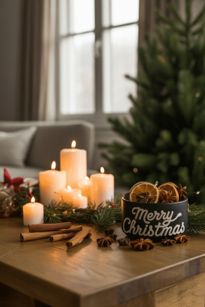 Cozy Christmas living room with warm seasonal scents enhancing the festive mood.