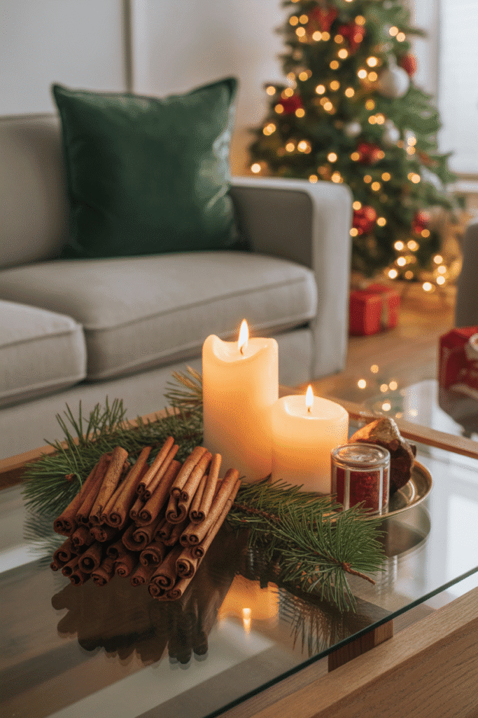 Cozy Christmas living room with warm seasonal scents enhancing the festive mood.