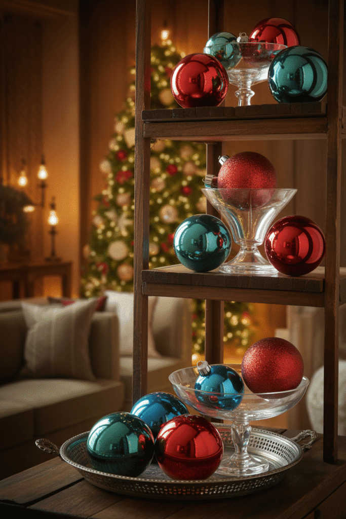 Statement ornaments adding charm and playful holiday touches to living room decor.