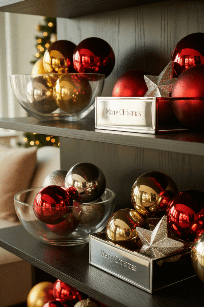 Statement ornaments adding charm and playful holiday touches to living room decor.