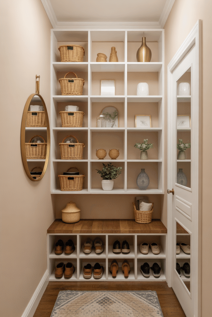 Open cubbies or slim cabinets add hidden storage without overcrowding the space.
