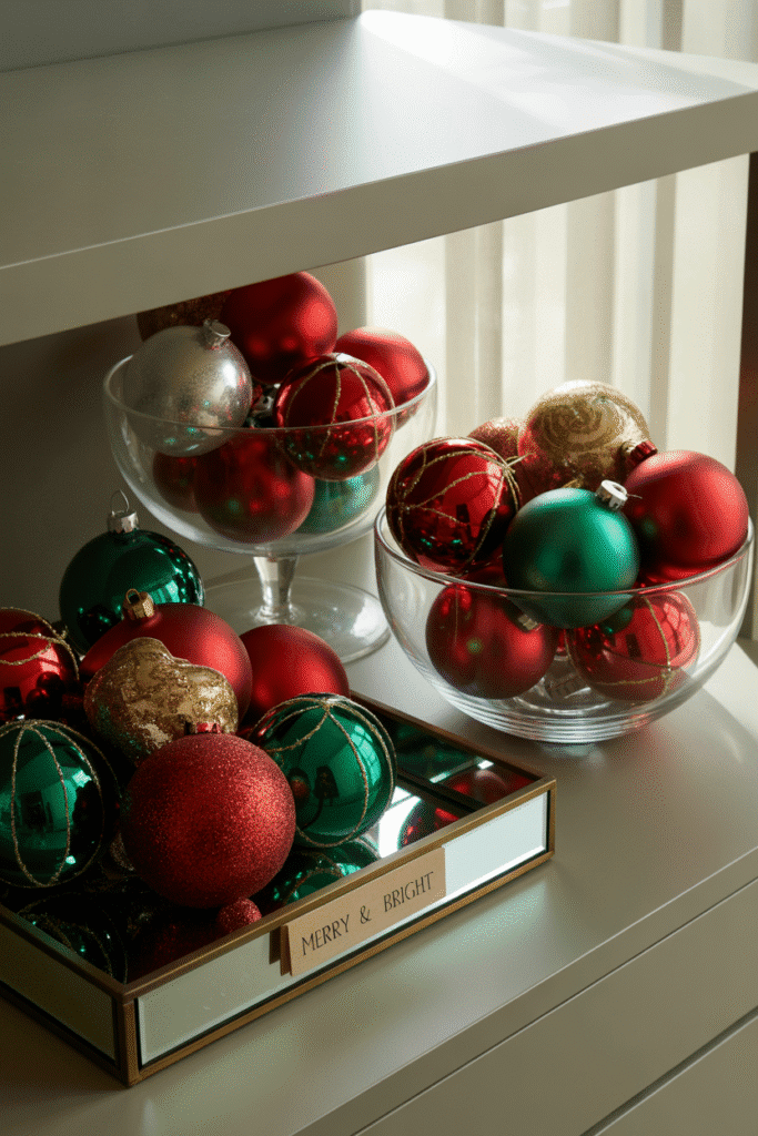 Statement ornaments adding charm and playful holiday touches to living room decor.
