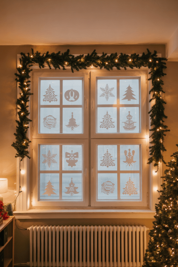 Festive windows adding a magical glow to a cozy living room.