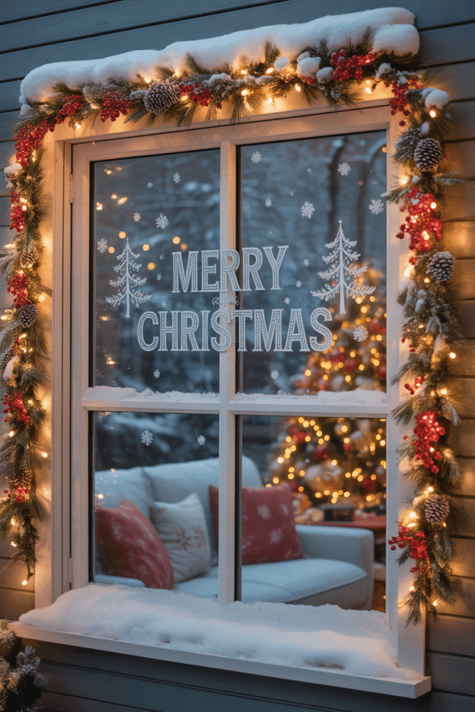 Festive windows adding a magical glow to a cozy living room.
