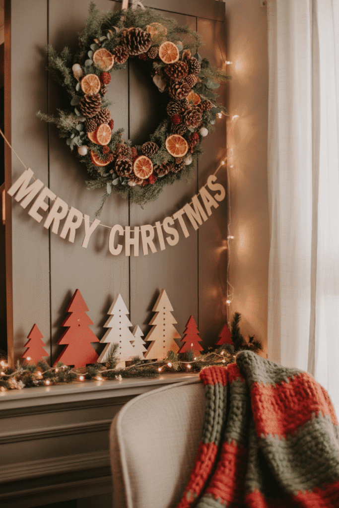Handmade wreaths, painted ornaments, and knitted decorations in living room setting.