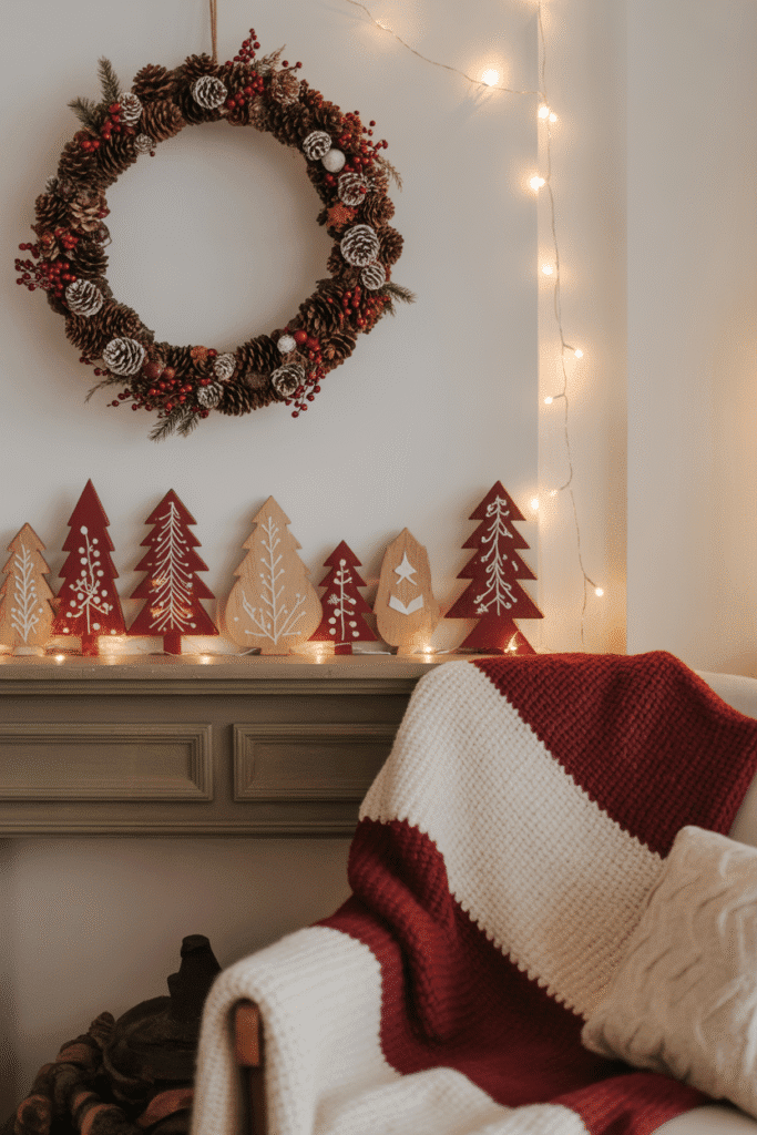 Handmade wreaths, painted ornaments, and knitted decorations in living room setting.