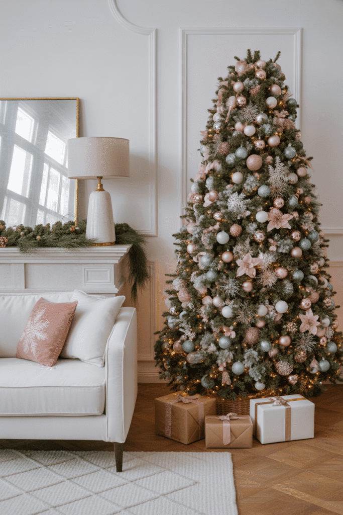 Unexpected color accents creating a modern and playful Christmas living room.