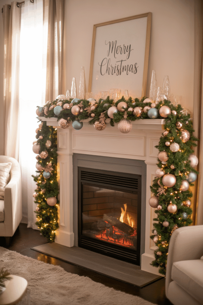 Unexpected color accents creating a modern and playful Christmas living room.
