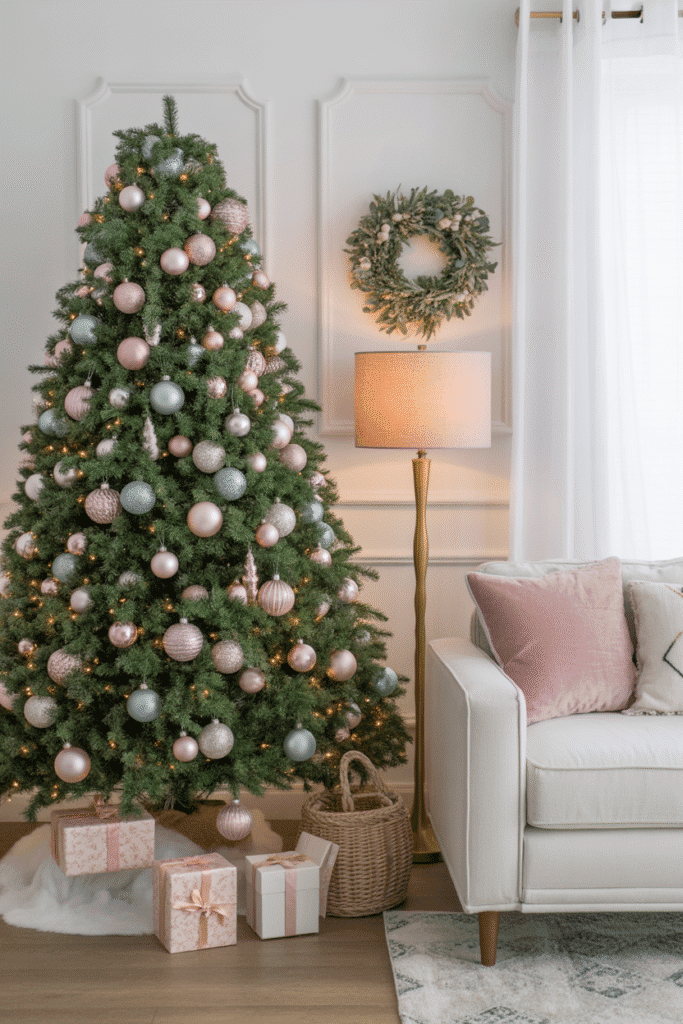 Unexpected color accents creating a modern and playful Christmas living room.