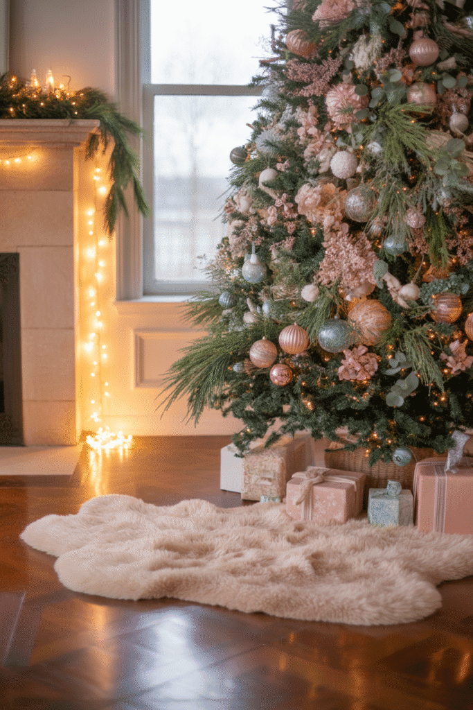 Unexpected color accents creating a modern and playful Christmas living room.