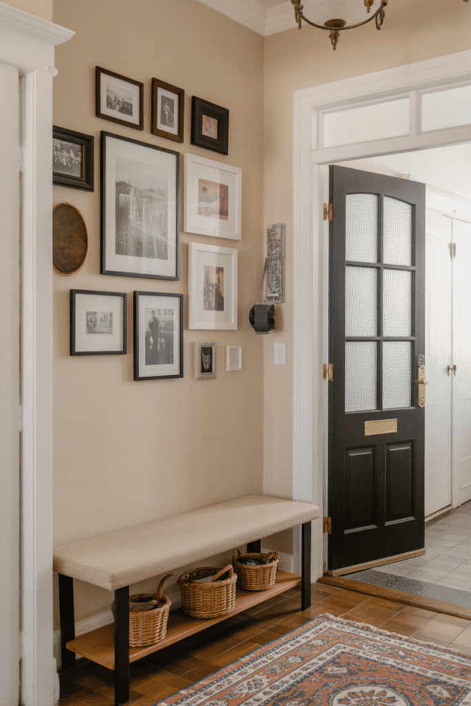 A creative gallery wall adds personality and vertical interest to a tight foyer.