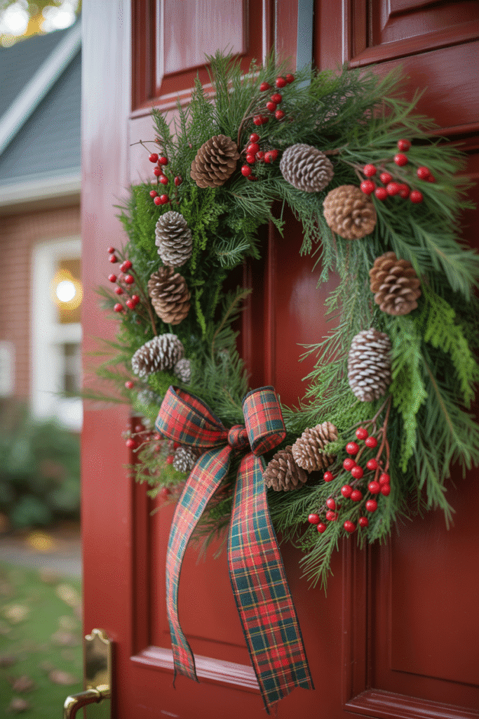 As a part of christmas wreaths for front door this picture shows a classic Christmas wreath with greenery, pinecones, and plaid ribbon on front door.