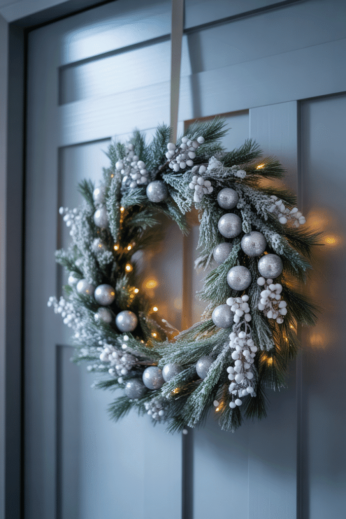Frosted Christmas wreath with silver and white accents creating a winter wonderland feel.