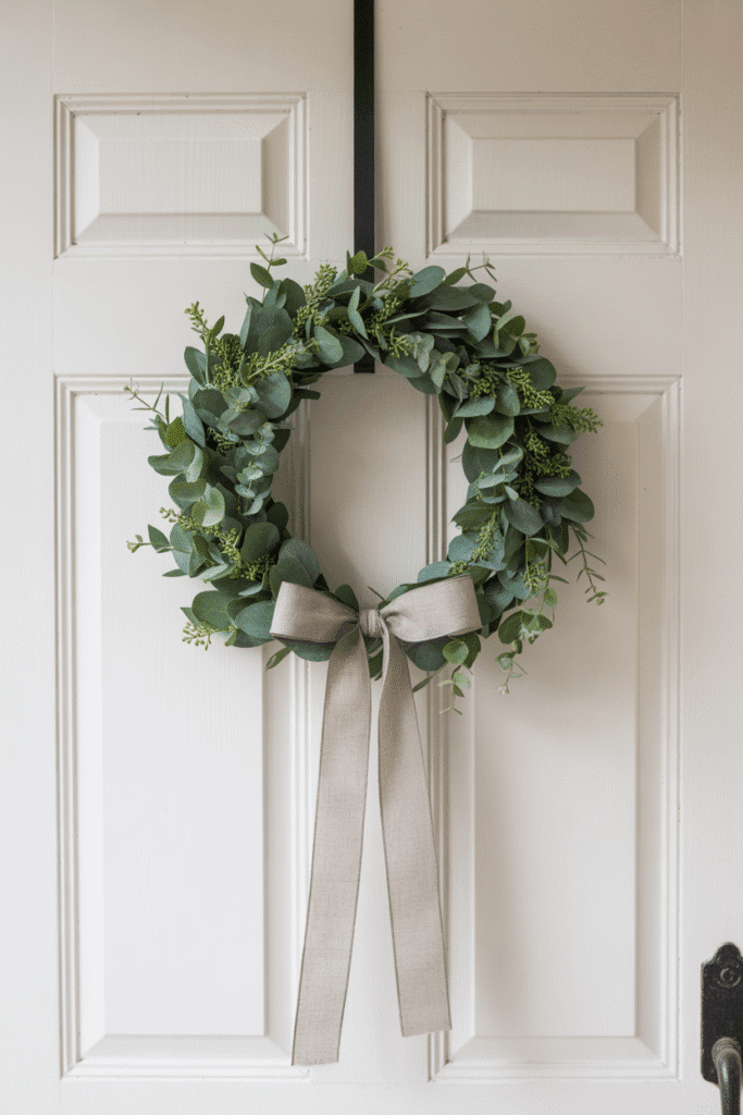 Minimalist modern wreath with eucalyptus and linen ribbon on front door.