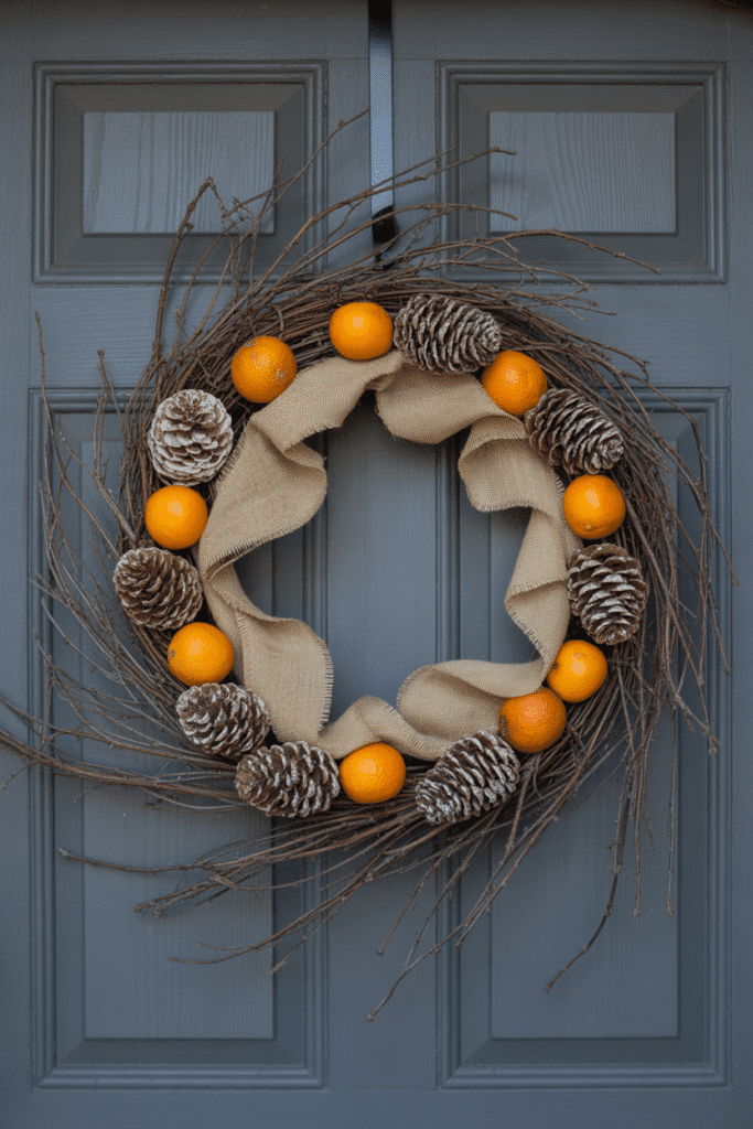 Rustic Christmas wreath with natural elements like pinecones and dried oranges.
