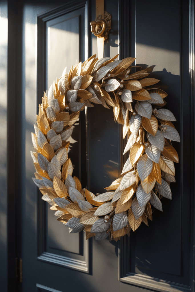 Glamorous metallic Christmas wreath adding elegance and shine to front door.