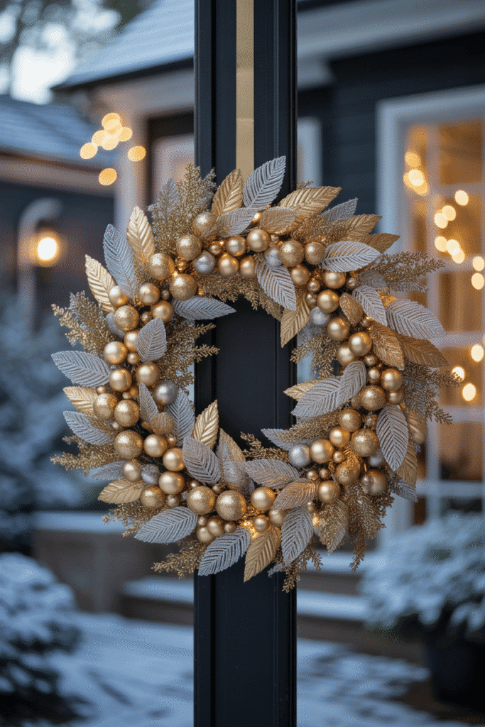 Glamorous metallic Christmas wreath adding elegance and shine to front door.