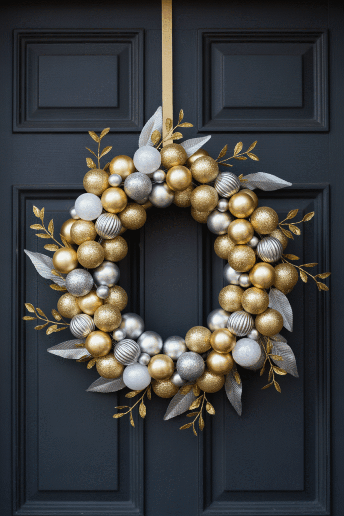 Glamorous metallic Christmas wreath adding elegance and shine to front door.