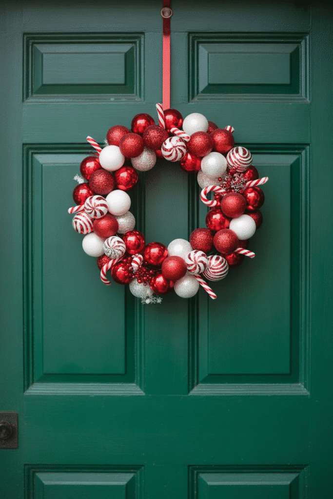 Playful candy cane-inspired Christmas wreath on front door.