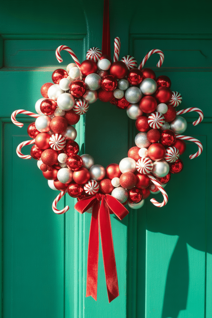Playful candy cane-inspired Christmas wreath on front door.