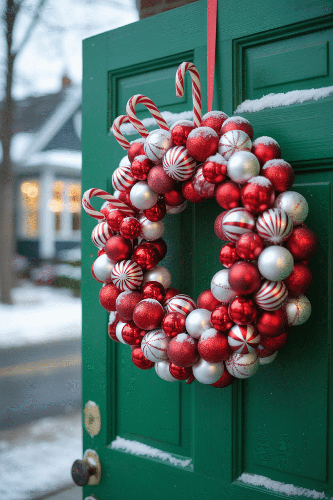 Playful candy cane-inspired Christmas wreath on front door.